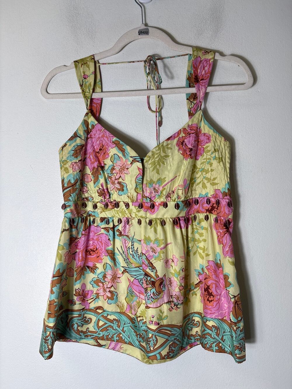 Plenty Chartreuse Floral Empire Waist Beaded Silk Top Sz 6